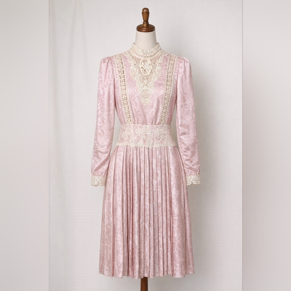 Vintage Scott McClintock Pink Satin Lace Dress Victorian Prairie Cottagecore 4